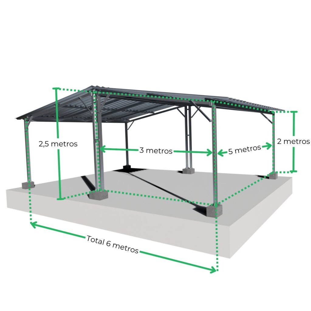 Garagem Fácil 2 Vagas 5x6m Lateral 2 Águas Galvanizada a Fogo sem Telha
